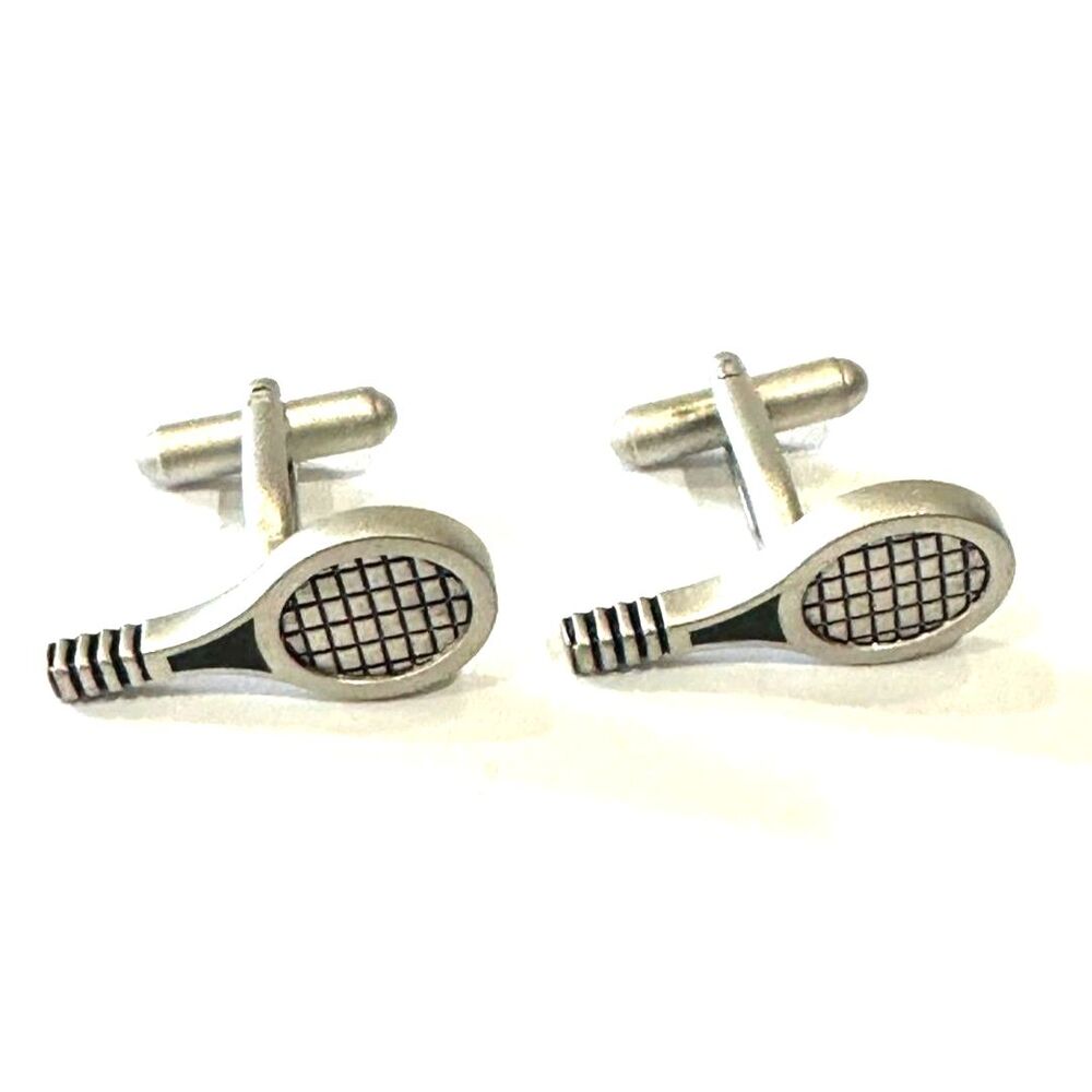 Tennis Racket Cufflinks — Antique Pewter Silver